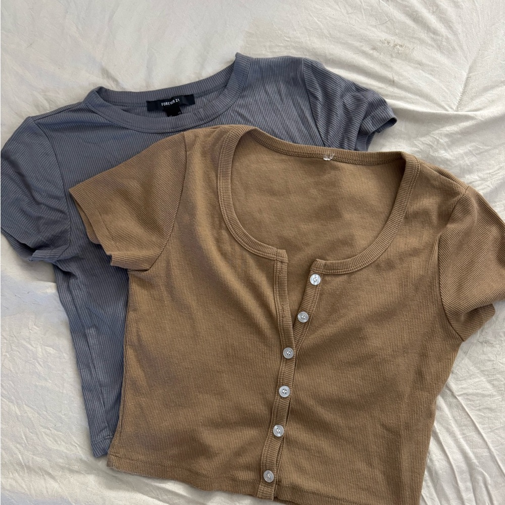 Brown and Gray Button-Up Crop Tops